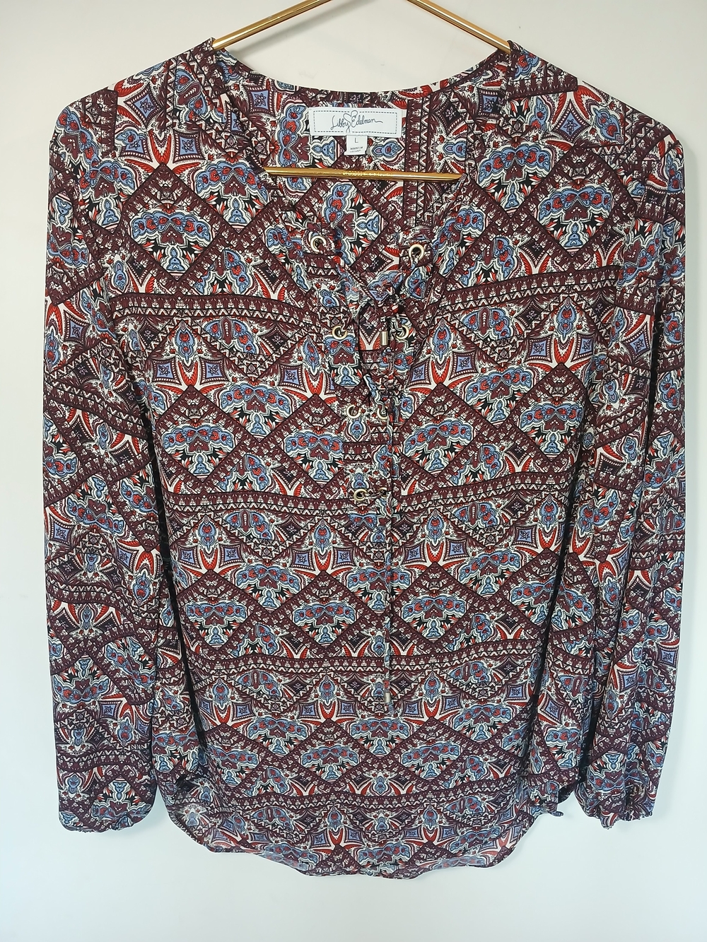 libby. edelman Burgundy and Blue Printed Blouse